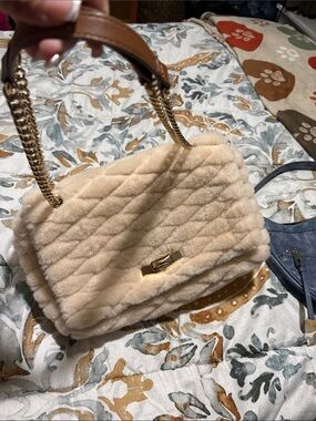 INC International Concepts Quilted Faux Fur Shoulder Bag in Cream